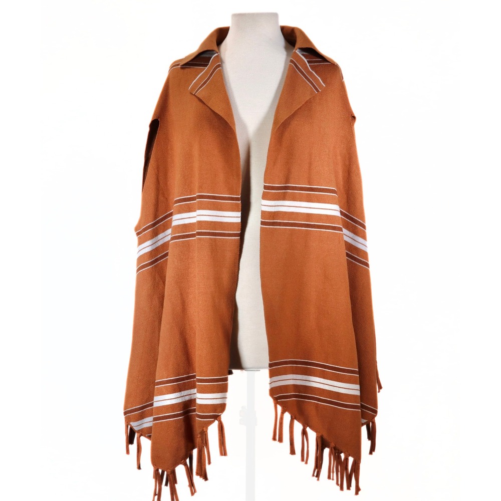 Anthropologie Knit Poncho Women Brown Striped Boho Fringe Open Front Wrap Fall